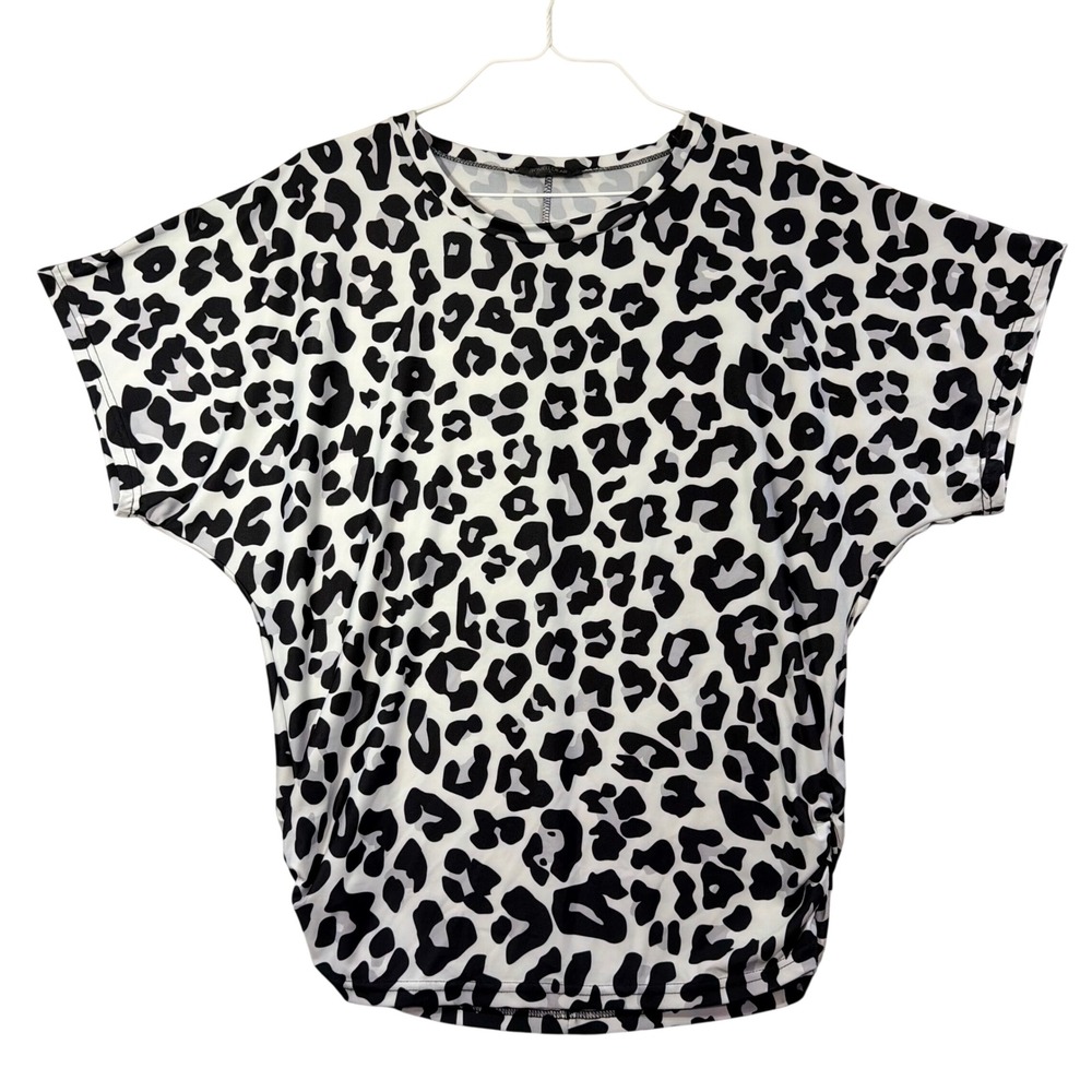 Loveu.Dear Women Black White Leopard Print Dolman Short Sleeve Top Large